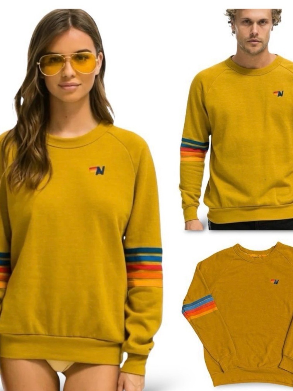 Aviator Nation Rainbow Stitch Sleeve Crew Sweatshirt